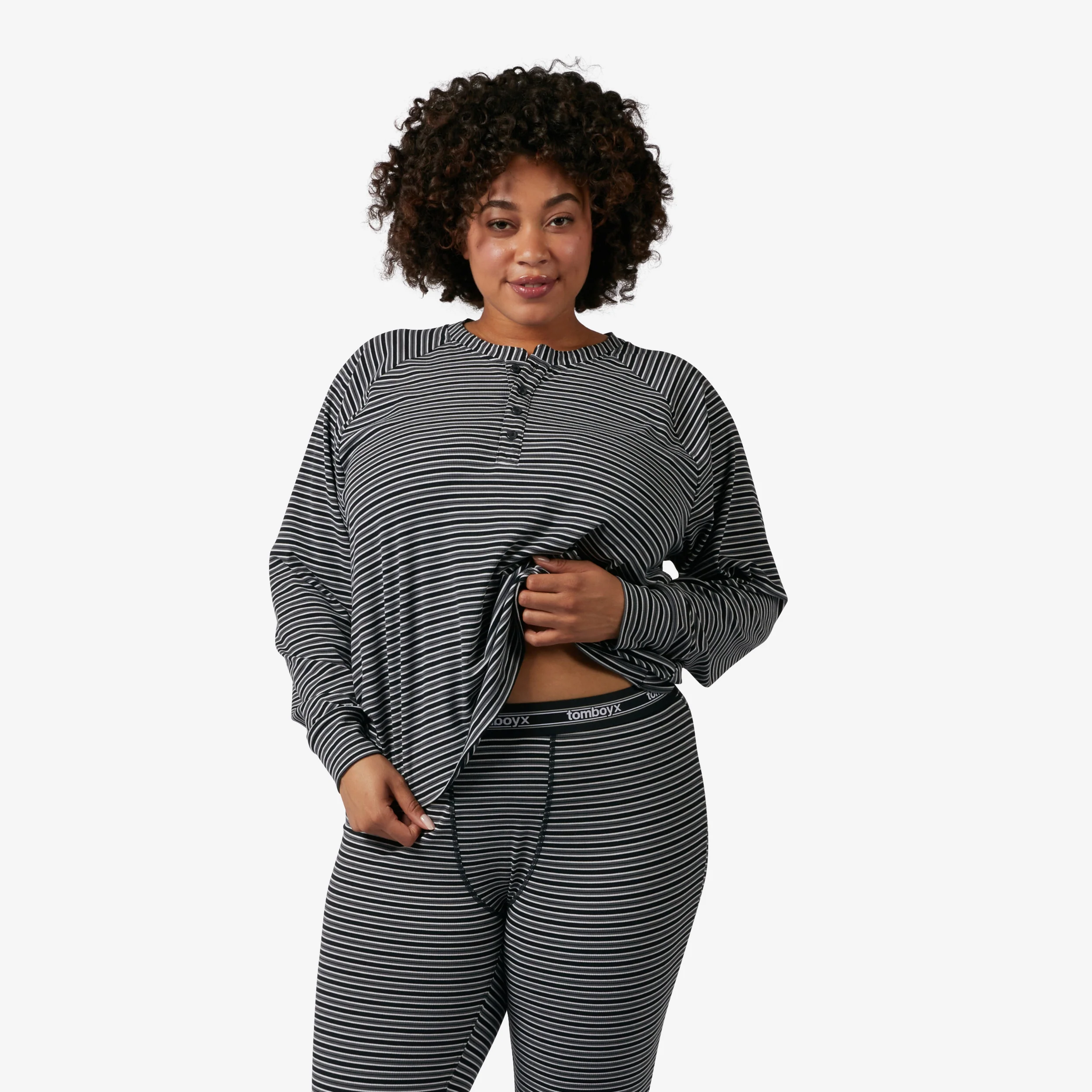 Bamboo Rib Long Sleeve Henley - Black - Image 4
