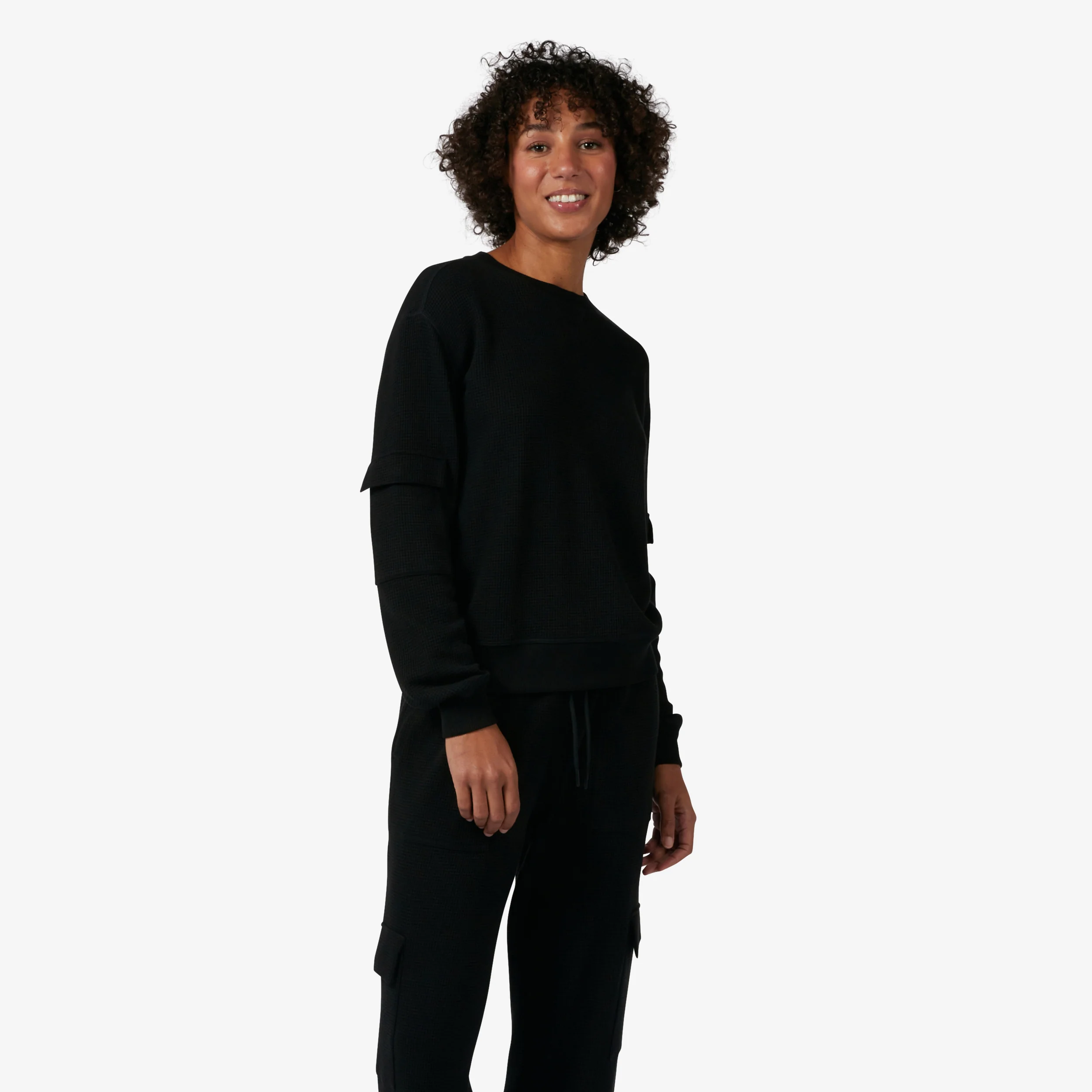 Modal Cloud Waffle Long Sleeve Cargo Crew - Black Beauty - Image 6